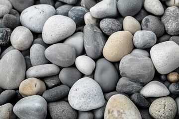 close-up of smooth rounded pebbles and stones in muted gray and beige tones, serene and calming natural texture