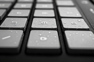 black and white close-up of wet computer keyboard keys with water droplets, reflective moody atmosphere