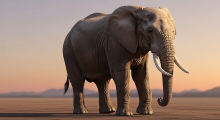Obraz premium Majestic elephant standing on a dry plain at sunset with its tusks prominently displayed in a stunning wildlife portrait