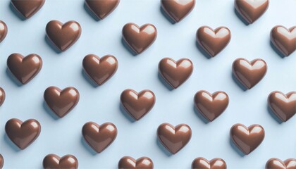 Obraz premium Seamless pattern of 3D chocolate hearts on a light blue background. Cute wallpaper for Valentine's Day, sweets, and love.