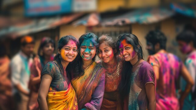 Indian women celebrating Holi festival with colorful gulal on faces