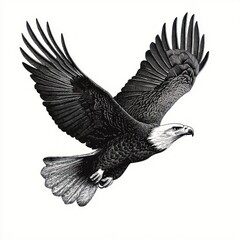 Fototapeta premium majestic black and white illustration of a soaring bald eagle with outstretched wings and a fierce focused expression