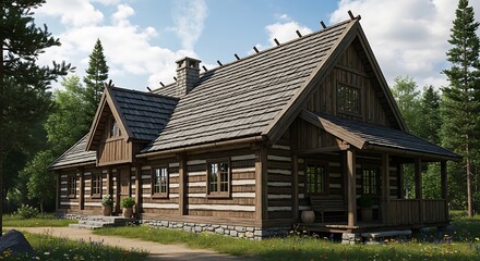 Cozy Log Cabin nestled in a serene forest clearing, featuring rustic charm and a welcoming porch, perfect for a tranquil retreat