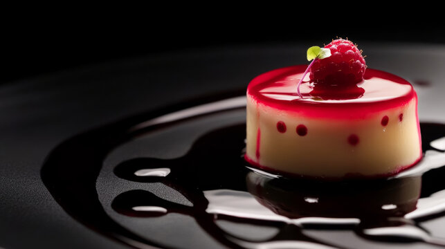 Exquisite michelin star foie gras with raspberry garnish on elegant black plate