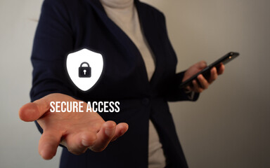 Businesswoman holding a shield icon with a padlock and the words "Secure Access"