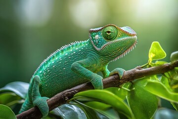 Obraz premium Close-up of a vibrant green chameleon with textured scales resting on a leafy branch in a natural green environment