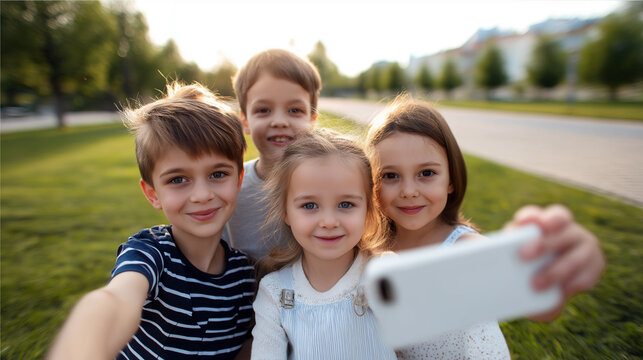 Group of smiling children taking a selfie together outdoors during a sunny day.
