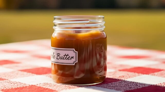 Homemade Apple Butter in a Jar on a Picnic Table.