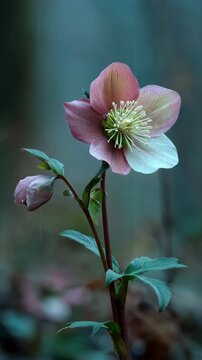 hellebore flower growing in forest shade, muted tones, realistic texture