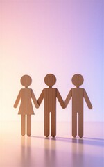 Three wooden figures holding hands, standing together on warm-toned surface.