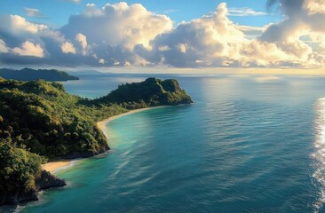 Obraz premium aerial view of a lush tropical coastline with a curved sandy beach, turquoise sea, sunlit clouds and a peaceful tranquil mood