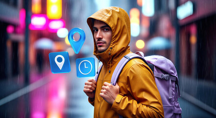 Obraz premium Man in yellow raincoat with digital travel icons in city rain