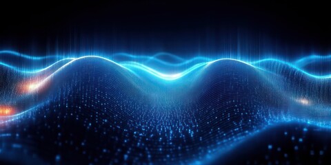 Obraz premium glowing blue digital wave landscape of dotted wireframe mesh with flowing light trails and warm sparks, calm futuristic mesmerizing energy
