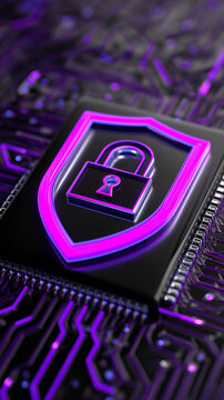 Glowing digital shield with padlock icon on a circuit board, symbolizing cybersecurity, data protection, and digital privacy.
