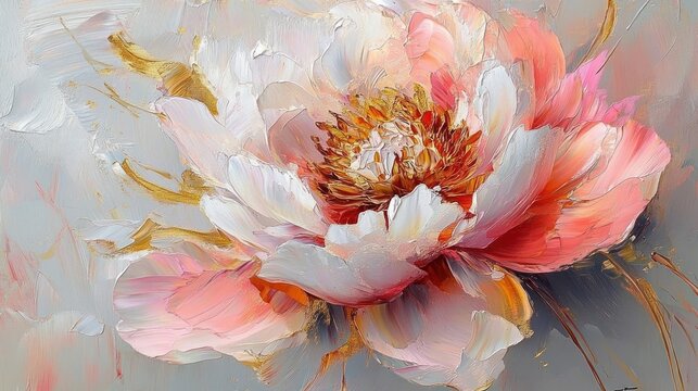 Close-up of a large, textured, colorful flower with soft pink, white, orange, and gold brushstrokes creating an elegant and vibrant floral composition