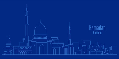 Ramadan Kareem background in line art style. Modern linear Islamic greeting card template and wallpaper design. Poster and media banner vector illustration
