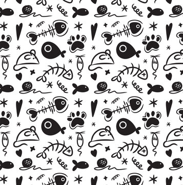 Fun vector pattern design of cat doodle illustrations including fish bones, mice and kitten toys