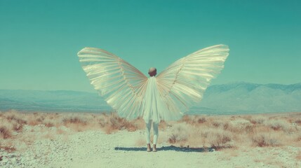 Person walks on a path with large wings against a clear sky in a desert area
