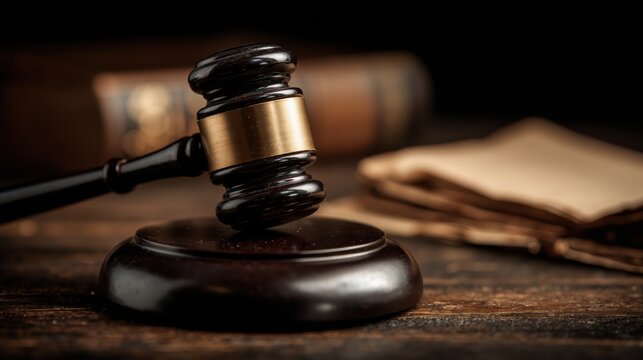 A judge's gavel and block on a dark wooden table. Symbol of law, justice, verdict, and authority in a courtroom