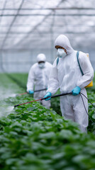 Workers in full protective suits spraying crops inside a greenhouse as part of agricultural pest control.
