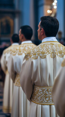 Obraz premium Group of clergy wearing ornate ceremonial robes standing in a church during a religious service. 