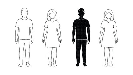 Black and white line art of people standing in a row