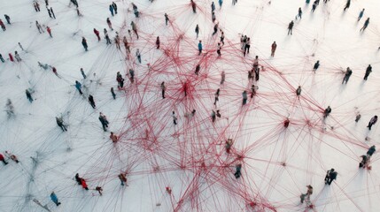 Many people walking on a large flat surface with red strings in a pattern