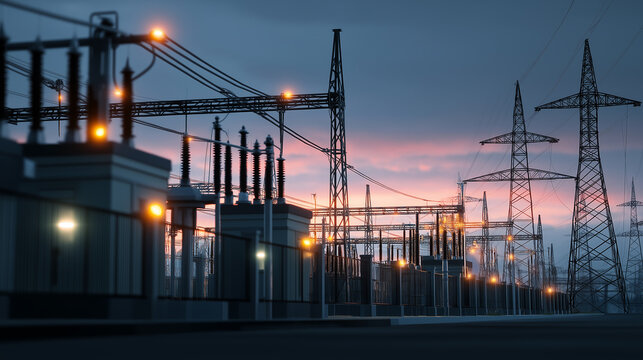 Industrial electrical transformers aligned in a power substation with soft evening lights in the background.
