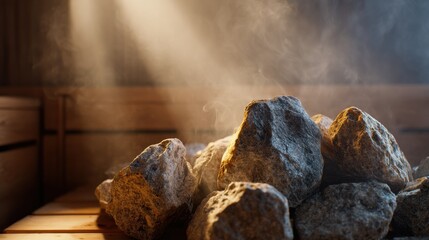 Close-up of sauna stones with steam and soft light rays