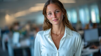 Obraz premium A woman stands in front of a wall with a lot of windows