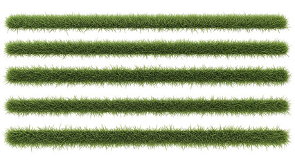 Multiple horizontal strips of vibrant green grass, top-down view, isolated on a black background, perfect for digital design elements. © Alima.Std