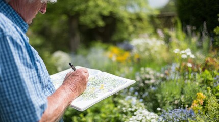 Elderly man sketches flowers in a garden on a sunny day in spring