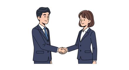 Fototapeta premium Illustration of a smiling Asian businessman and businesswoman in formal attire shaking hands against a clean white background with a professional mood.
