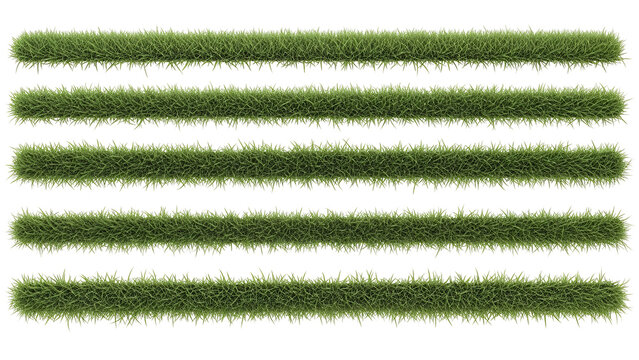 Multiple horizontal strips of vibrant green grass, top-down view, isolated on a black background, perfect for digital design elements.
