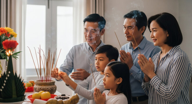 Asian family lighting incense together at home altar, respectful ritual moment, soft directional lighting