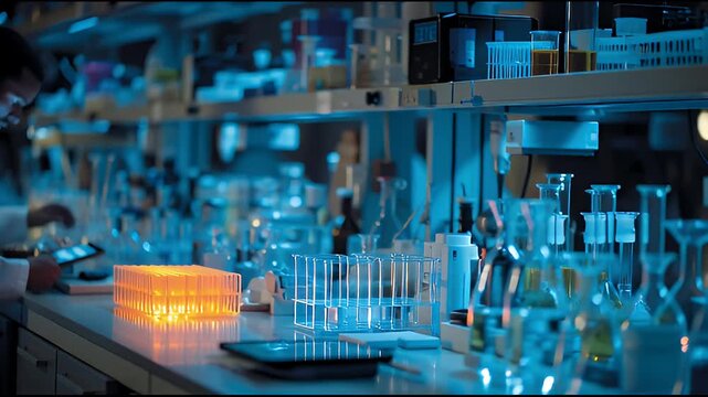 A scientist meticulously records experimental data in a brightly lit laboratory, surrounded by beakers and scientific equipment