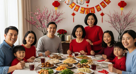 Fototapeta premium Asian family reunion during Lunar New Year, parents and children smiling around dining table, festive red and gold decor, documentary style.
