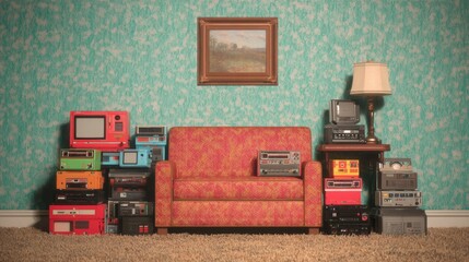 Vintage living room setup with old electronics and retro decor present