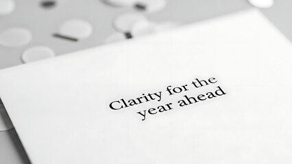 Close up of a white card with text reading clarity for the year ahead on a polka dot background