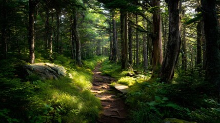 Obraz premium Sunlit Rocky Forest Path Winding Through Lush Green Woodland Trees