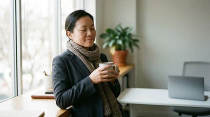 Fototapeta premium Content Businesswoman Enjoying a Relaxing Coffee Break by Office Window