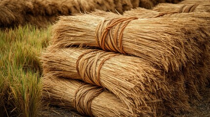 Fototapeta premium A farmer Bundles of wheat being stacked on blurred background
