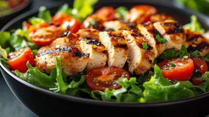 Sliced grilled chicken breast with char marks on a bed of fresh mixed greens and halved cherry tomatoes in a black bowl, bright and appetizing