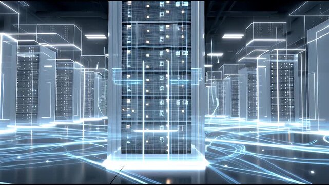 A vast, interconnected futuristic data center hums with luminous blue and white light, symbolizing advanced network technology and global digital infrastructure