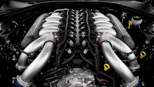 Overhead view of a symmetrical V12 engine with visible components