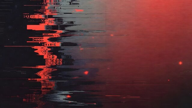 Cinematic red glitch texture with fine scanlines and distant glowing light points
