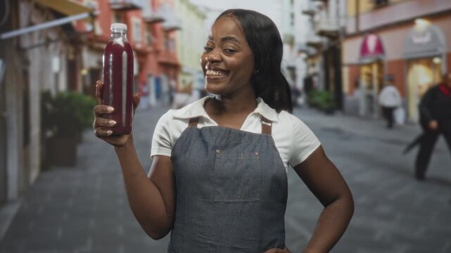 Woman holds bottle of pomegranate juice with hand raised in street, wearing apron and smiling while presenting the drink; local business joy.