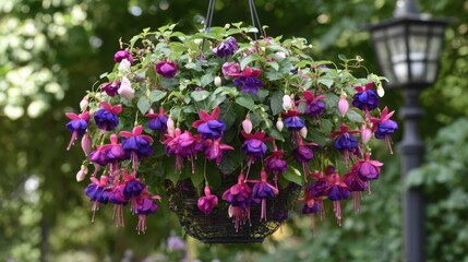 Fototapeta premium Majestic Fuchsia Flowers Cascading in a Hanging Basket, Displaying Vibrant Colors in a Garden Setting