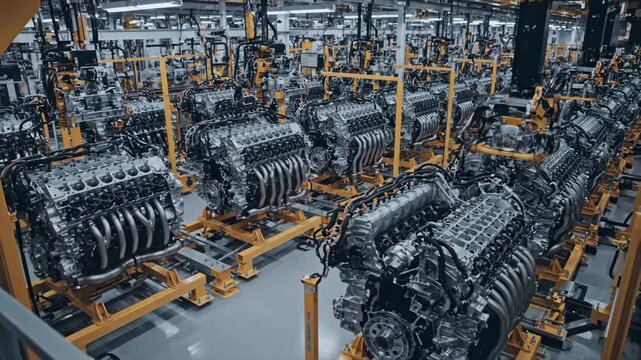 V12 Engine Assembly Facility with Numerous Engines in Production