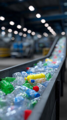 Plastic bottles moving on a recycling conveyor belt inside a modern waste processing facility, representing recycling and environmental sustainability.
